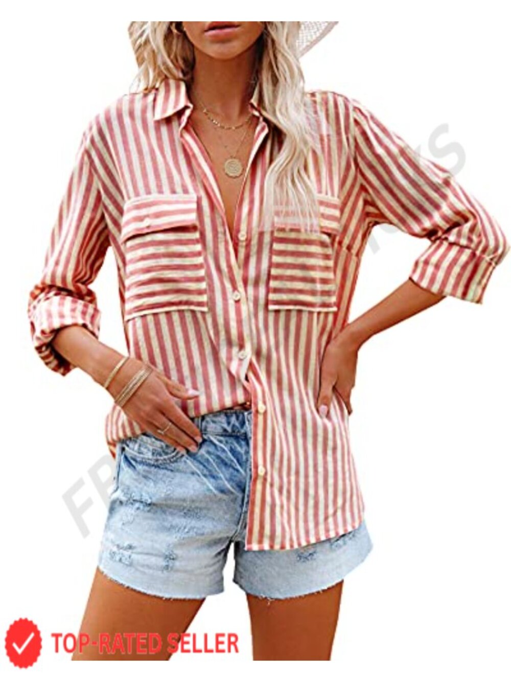 Women's Striped Button Down V-Neck Long Sleeve Blouse with Pockets